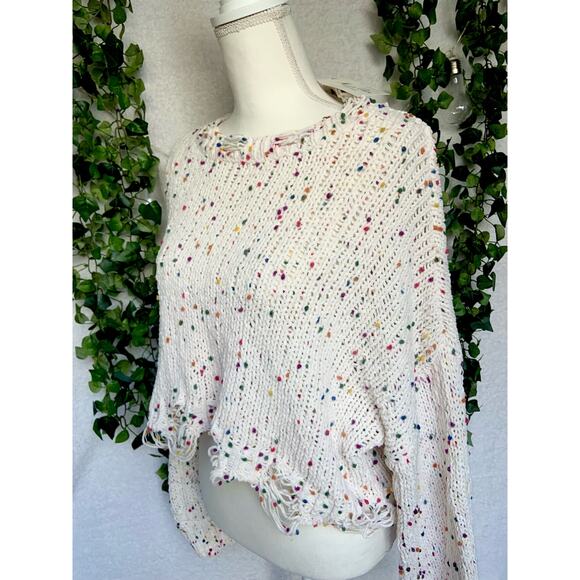 Morgan Claire White & Multicolor Distressed Open Knit Sweater Women's Medium NWT - Picture 4 of 10